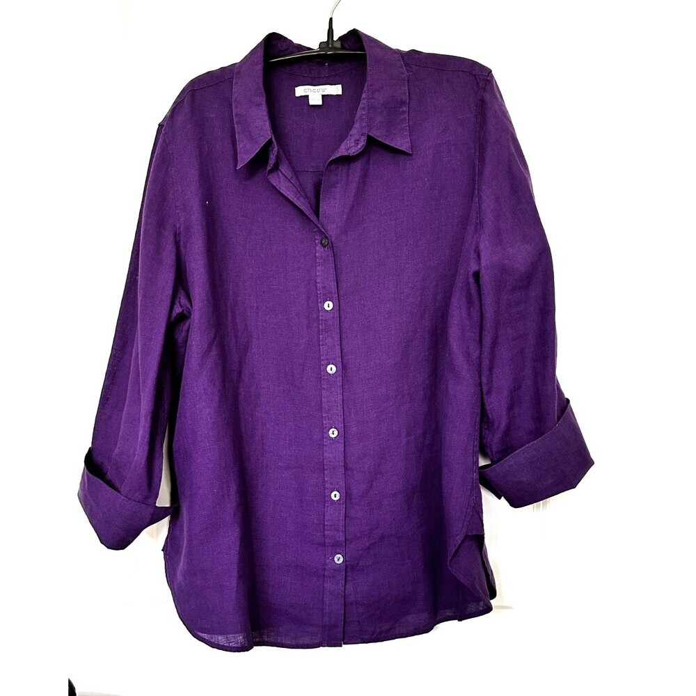 Chico's No-Iron Button-Down Purple Linen Shirt Chico’s 2 (Large / US 12)